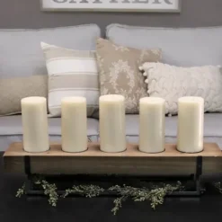 Candle Holders-Kirkland's Home Rustic Wood Candle Runner With Metal Stand Brown