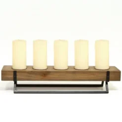 Candle Holders-Kirkland's Home Rustic Wood Candle Runner With Metal Stand Brown