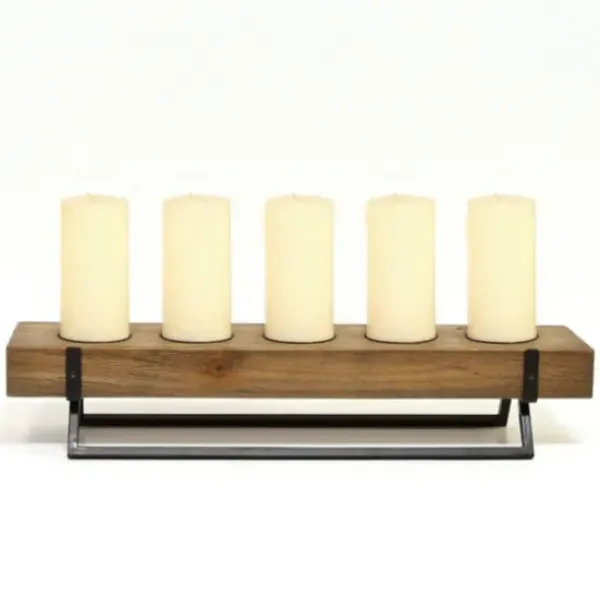 Candle Holders-Kirkland's Home Rustic Wood Candle Runner With Metal Stand Brown