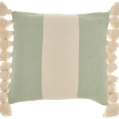 Pillows-Kirkland's Home Sage And Ivory Striped Tassel Pillow Green/Ivory