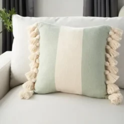 Pillows-Kirkland's Home Sage And Ivory Striped Tassel Pillow Green/Ivory