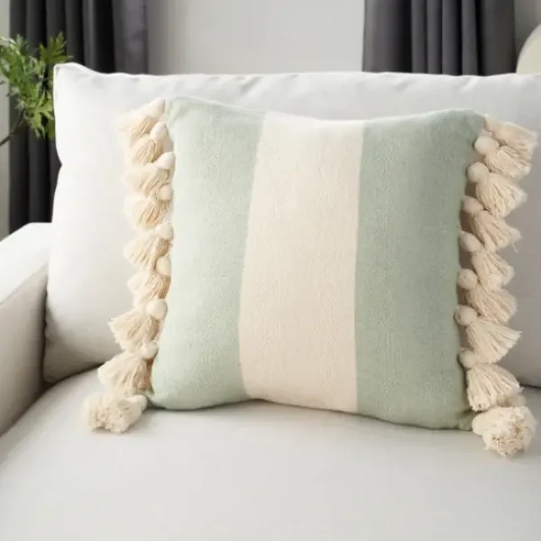 Pillows-Kirkland's Home Sage And Ivory Striped Tassel Pillow Green/Ivory