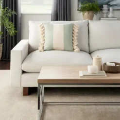 Pillows-Kirkland's Home Sage And Ivory Striped Tassel Pillow Green/Ivory