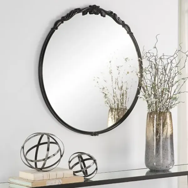 Decorative Mirrors-Kirkland's Home Satin Black Ornate Round Wall Mirror