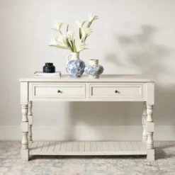 Console Tables-Kirkland's Home Savannah Cream Distressed Console Table Ivory