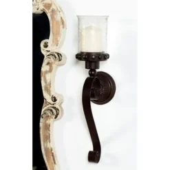Sconces-Kirkland's Home Scrolled Wrought Iron And Glass Hurricane Sconce