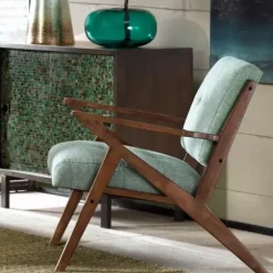 Accent Chairs-Kirkland's Home Seafoam Mid-Century Pecan Finish Accent Chair Blue/Green