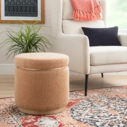 Benches & Ottomans-Kirkland's Home Sherpa Upholstered Storage Ottoman Tan