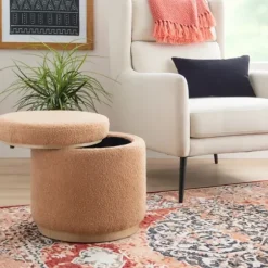 Benches & Ottomans-Kirkland's Home Sherpa Upholstered Storage Ottoman Tan
