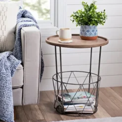 Accent & End Tables-Kirkland's Home Side Table With Metal Wire Basket Brown