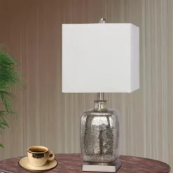 Table Lamps-Kirkland's Home Silver Mercury Glass Square Table Lamp White