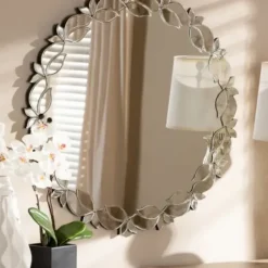 Decorative Mirrors-Kirkland's Home Silver Petal Leaf Round Wood Frame Wall Mirror