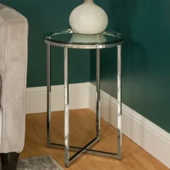 Accent & End Tables-Kirkland's Home Silvery Glass Top X Base Round Accent Table