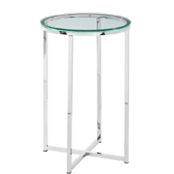 Accent & End Tables-Kirkland's Home Silvery Glass Top X Base Round Accent Table
