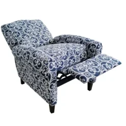 Accent Chairs-Kirkland's Home Sky Blue Fretwork Upholstered High Back Recliner Blue/White