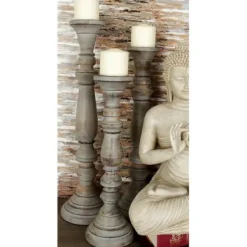 Candle Holders-Kirkland's Home Slate Rustic Mango Wood 3-Pc. Candle Holder Set Gray