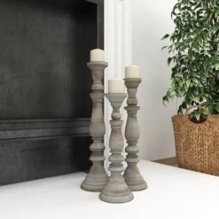 Candle Holders-Kirkland's Home Slate Rustic Mango Wood 3-Pc. Candle Holder Set Gray