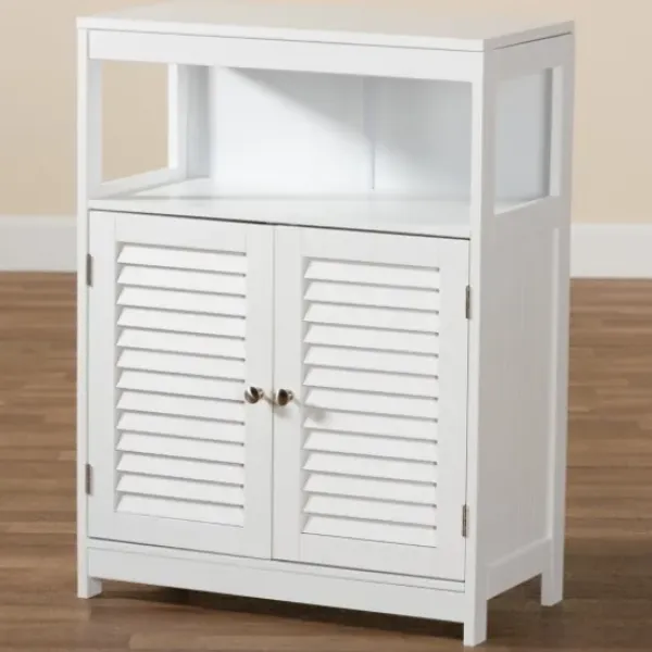 Bathroom Furniture-Kirkland's Home Slatted Wood Bathroom Cabinet White