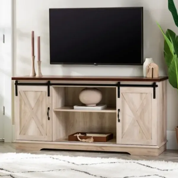 Tv Stands & Media Consoles-Kirkland's Home Sliding Barn Door Open Shelf White Tv Stand Ivory