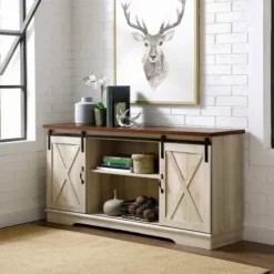 Tv Stands & Media Consoles-Kirkland's Home Sliding Barn Door Open Shelf White Tv Stand Ivory