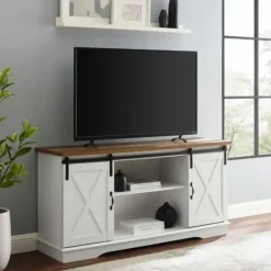 Tv Stands & Media Consoles-Kirkland's Home Sliding Door Rustic Oak Top Tv Stand White