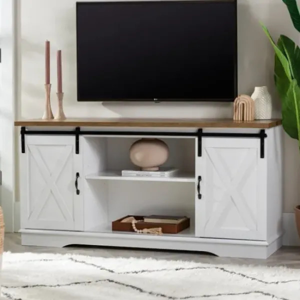 Tv Stands & Media Consoles-Kirkland's Home Sliding Door Rustic Oak Top Tv Stand White