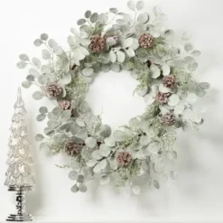 Wreaths-Kirkland's Home Snow Dusted Eucalyptus And Pinecone Wreath Green/Brown/White