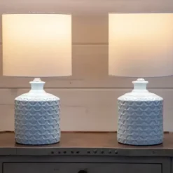 Table Lamps-Kirkland's Home Soft Blue Embossed Ceramic Table Lamps, Set Of 2 White