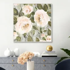 Framed Art-Kirkland's Home Soft California Roses Framed Canvas Art White/Green/Pink