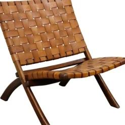 Accent Chairs-Kirkland's Home Solid Teak And Genuine Leather Lounge Chair Brown