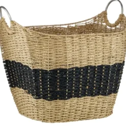 Baskets & Boxes-Kirkland's Home Spa Blue And Tan Woven Basket With Tassel, 19 In. Blue/Tan