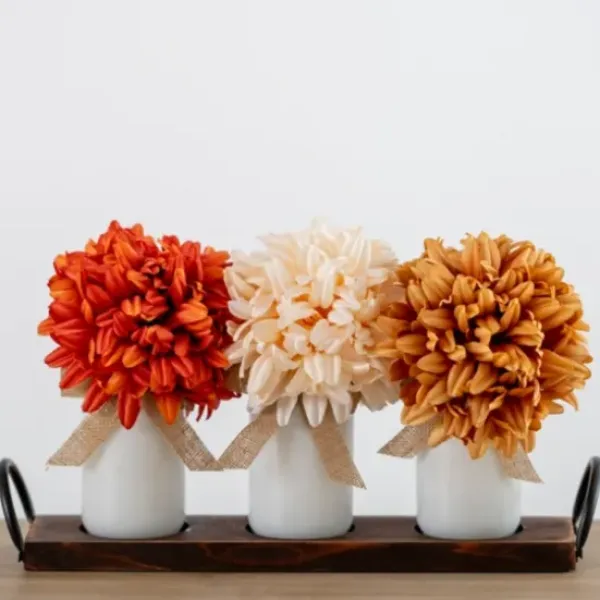 Arrangements & Greenery-Kirkland's Home Spider Mum Arrangement In Wooden Ledge Orange/Ivory/Tan