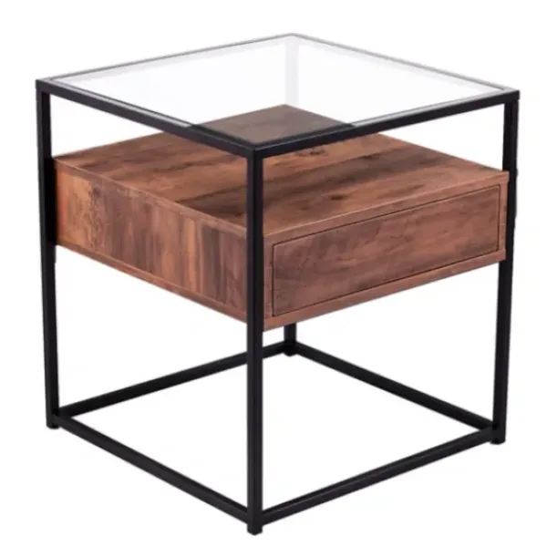 Accent & End Tables-Kirkland's Home Square Metal And Wood Glass Top Accent Table Brown