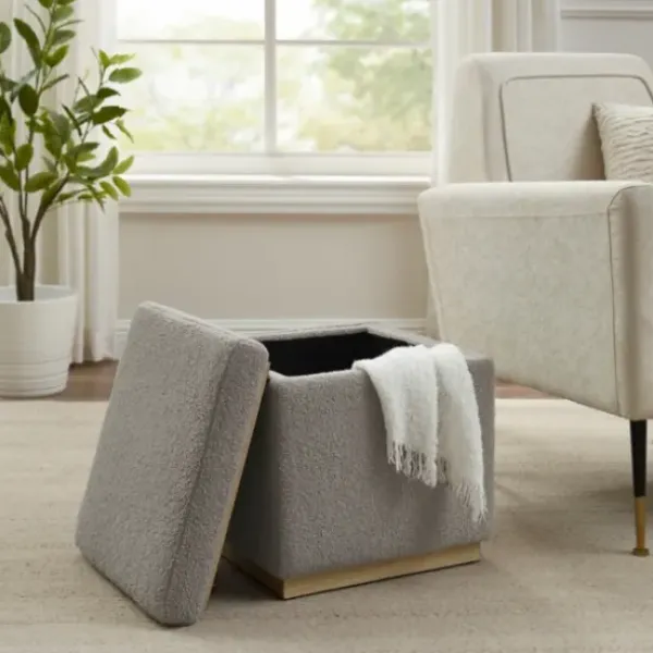 Benches & Ottomans-Kirkland's Home Square Sherpa Upholstered Storage Ottoman Gray