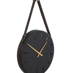 Clocks-Kirkland's Home Stainless Steel Leather Strap Wall Clock Black