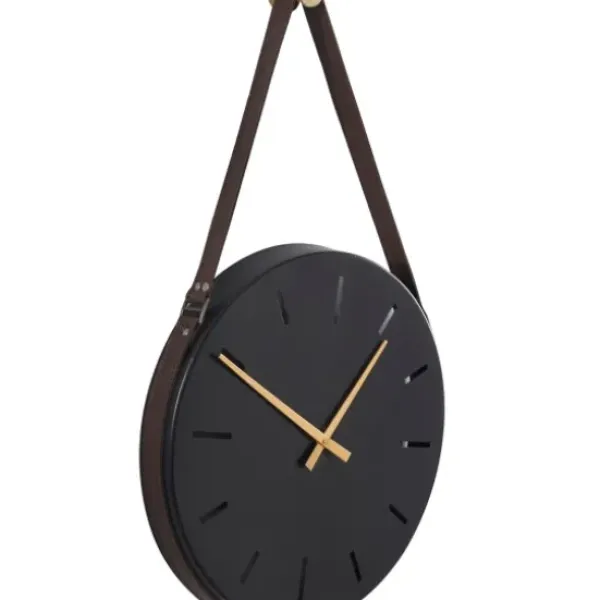 Clocks-Kirkland's Home Stainless Steel Leather Strap Wall Clock Black