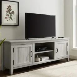 Tv Stands & Media Consoles-Kirkland's Home Stone Grooved Door Modern Farmhouse Tv Stand Gray