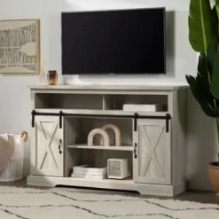 Tv Stands & Media Consoles-Kirkland's Home Stone Sliding Barn Door Highboy Tv Stand Gray