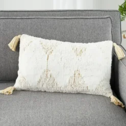 Pillows-Kirkland's Home Stripe Diamond Tassels Cotton Lumbar Pillow Yellow