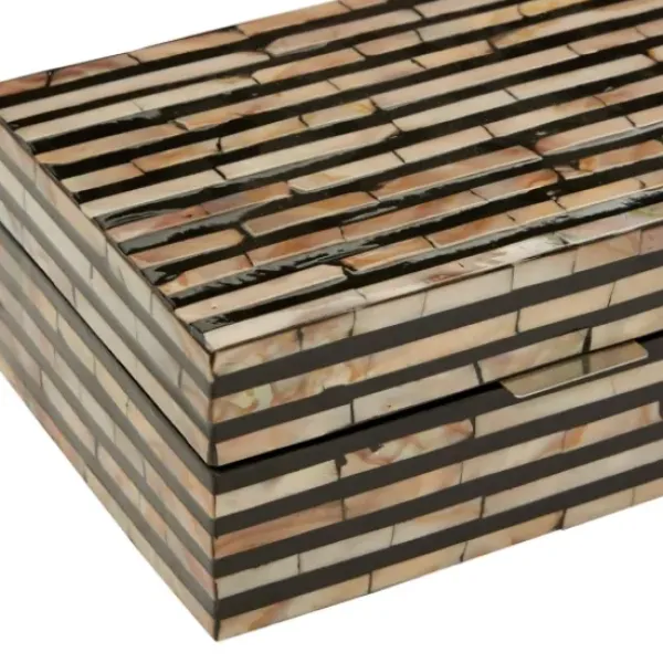 Baskets & Boxes-Kirkland's Home Striped Mother Of Pearl Shell Wood Boxes, Set Of 2 Tan/Gray