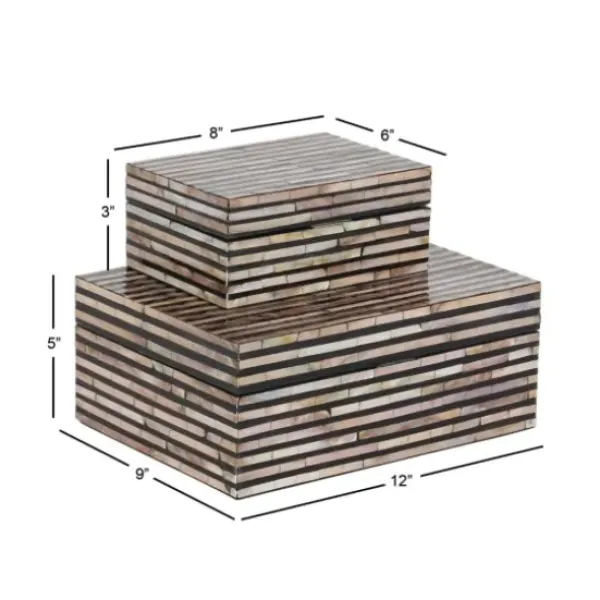 Baskets & Boxes-Kirkland's Home Striped Mother Of Pearl Shell Wood Boxes, Set Of 2 Tan/Gray