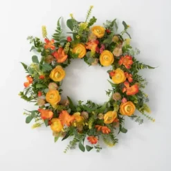 Wreaths-Kirkland's Home Summer Blooming Ranunculus Thistle Wreath Green/Yellow/Orange