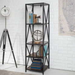 Office Furniture-Kirkland's Home Tall Metal X-Framed Dark Walnut Bookshelf Brown