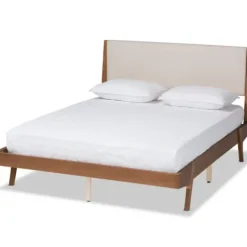 Beds & Headboards-Kirkland's Home Tan Upholstered Brown Wood Full Platform Bed