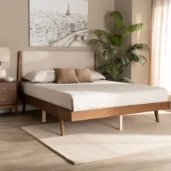 Beds & Headboards-Kirkland's Home Tan Upholstered Brown Wood Full Platform Bed