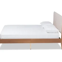 Beds & Headboards-Kirkland's Home Tan Upholstered Brown Wood King Platform Bed Brown/Tan