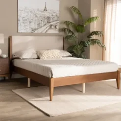Beds & Headboards-Kirkland's Home Tan Upholstered Brown Wood King Platform Bed Brown/Tan