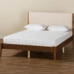 Beds & Headboards-Kirkland's Home Tan Upholstered Brown Wood King Platform Bed Brown/Tan