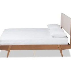 Beds & Headboards-Kirkland's Home Tan Upholstered Brown Wood Queen Platform Bed