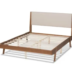 Beds & Headboards-Kirkland's Home Tan Upholstered Brown Wood Queen Platform Bed